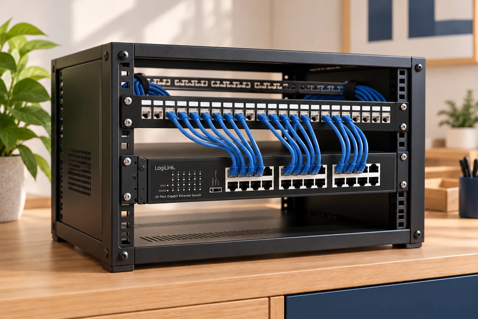 Rack cabinet with an NS1324 network switch and an NK5001 patch panel