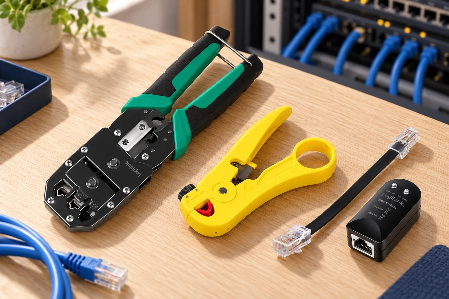 Network cabling installation with a WZ0079 crimping tool, a WZ0032 cable stripper and a WZ0028 PoE detector
