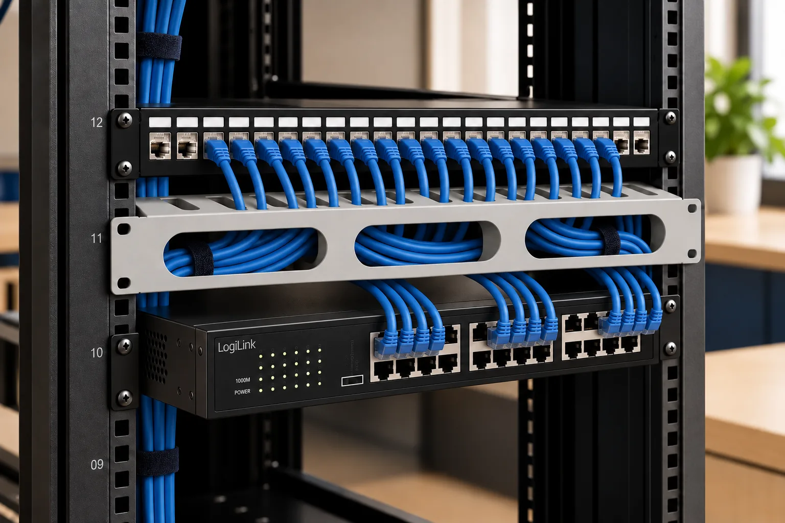 Rack cabinet with an NS1324 switch, an NK5001 patch panel and an ORCC01G gray cable organizer guiding the patch cords