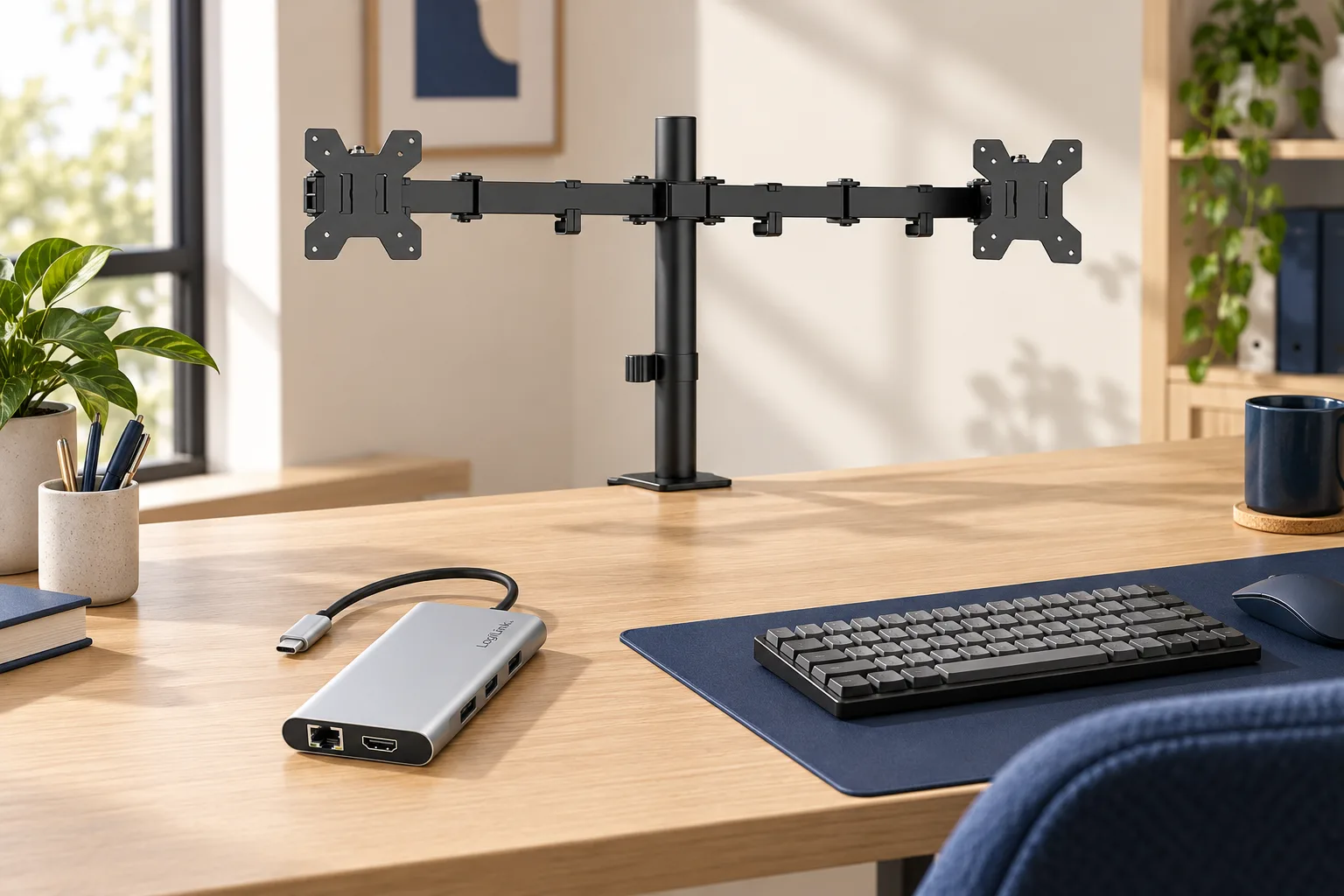 Desk with a BP0217 dual monitor arm and a UA0382 USB-C docking station