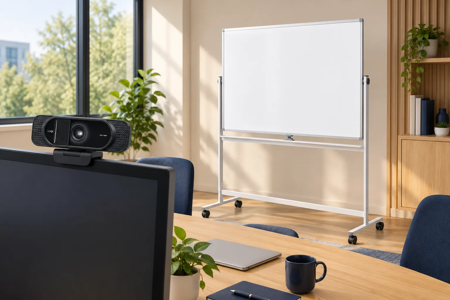 Meeting room with an EO0064 mobile whiteboard and a UA0381 webcam on the monitor