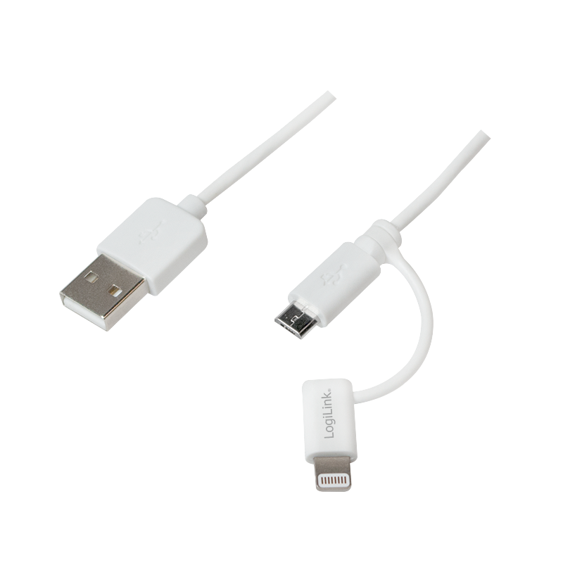 Kabel USB 2.0, USB-A/wtyk – Micro-USB + Lightning/wtyk, biały, 1 m