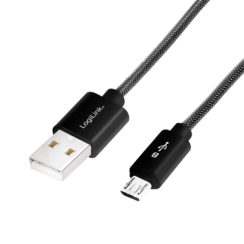 Kabel USB 2.0, USB-A/wtyk – Micro-USB/wtyk, nylon, aluminium, czarny, 1 m