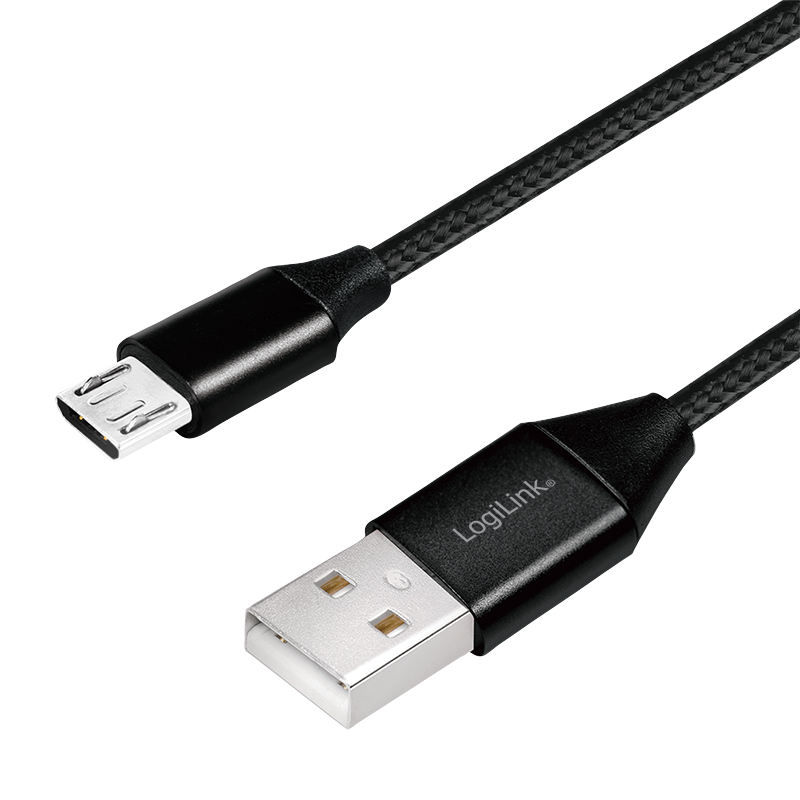 Kabel USB 2.0, USB-A/wtyk – Micro-USB/wtyk, oplot tekstylny, metal, czarny, 0.3 m