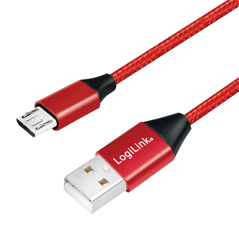 Kabel USB 2.0, USB-A/wtyk – Micro-USB/wtyk, oplot tekstylny, metal, czerwony, 0.3 m