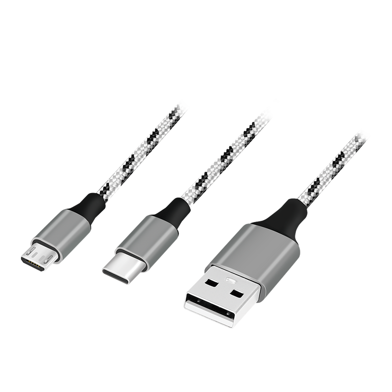 USB 2.0 cable, USB-A/M to Micro-USB + USB-C, white/black, 1.2 m — 1