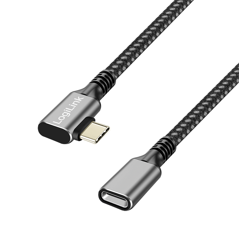 USB 3.2 Gen2 Type-C cable, C/M90° to C/F,10 Gbps,100W,nylon,alu,black/grey,0.5m