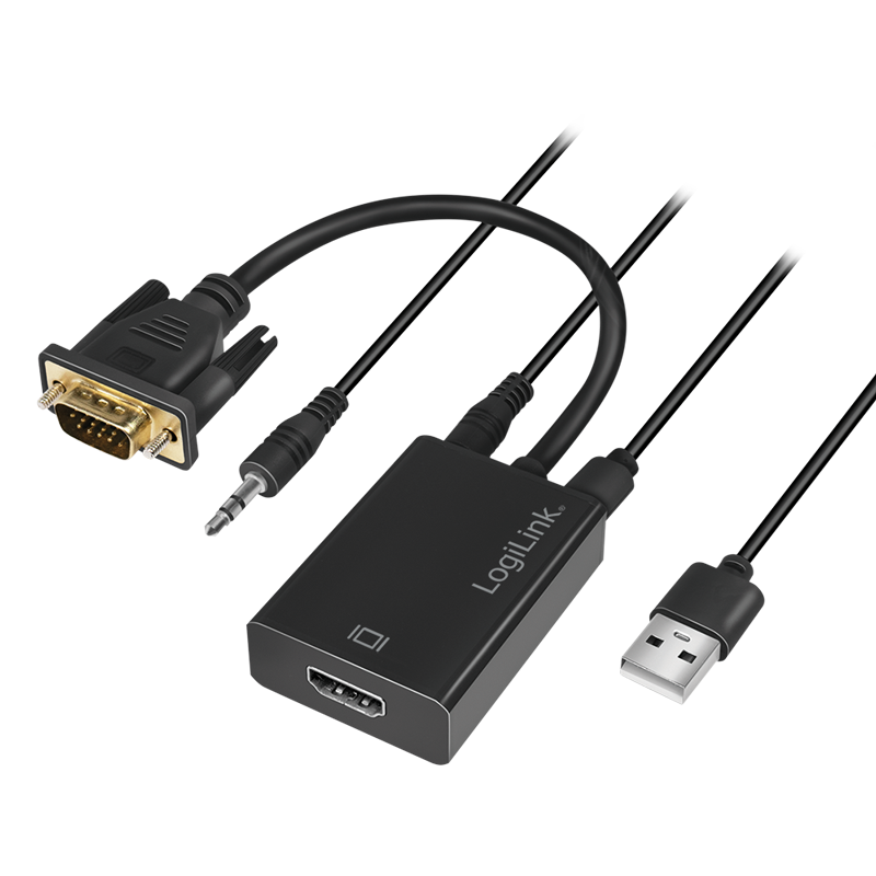 Adapter VGA, HD15/wtyk – HDMI-A + 3.5 mm + Micro-USB, FHD, czarny, 0.15 m