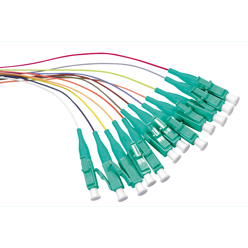 Colored pigtail set 12 x LC, OM3 50/125µ, 2m, aqua connector