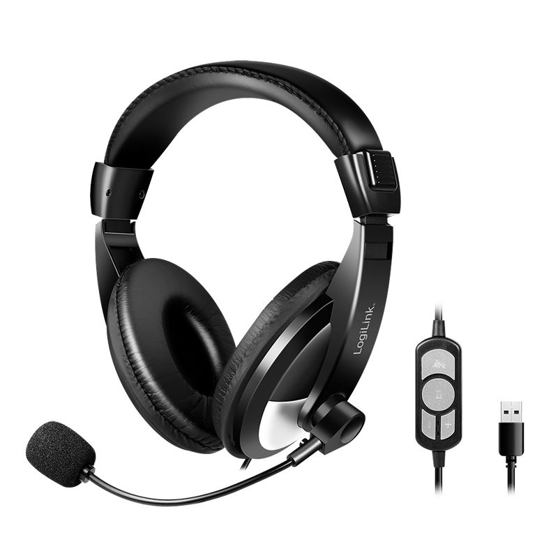 Stereo headset with controller, 1x USB-A plug, boom microphone, black
