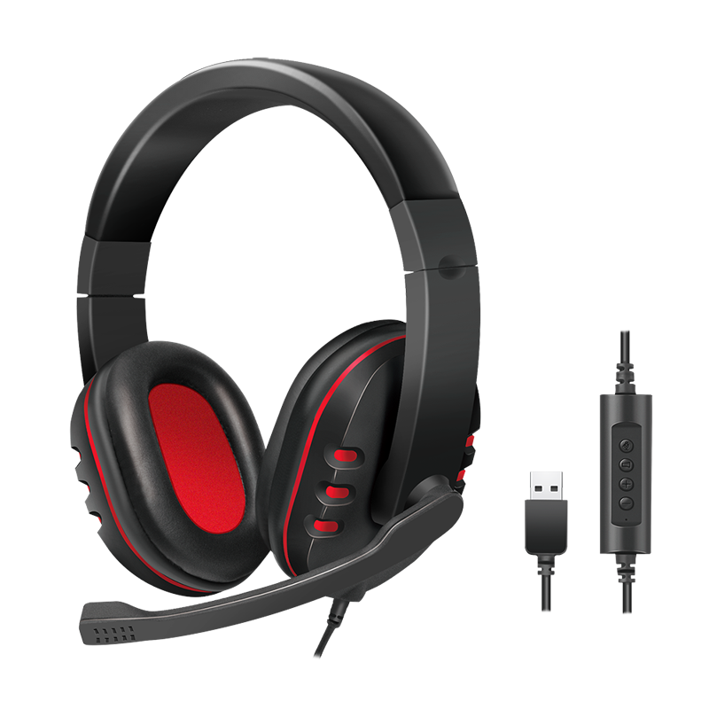 Stereo headset, 1x USB-A plug, boom microphone, gaming, black/red