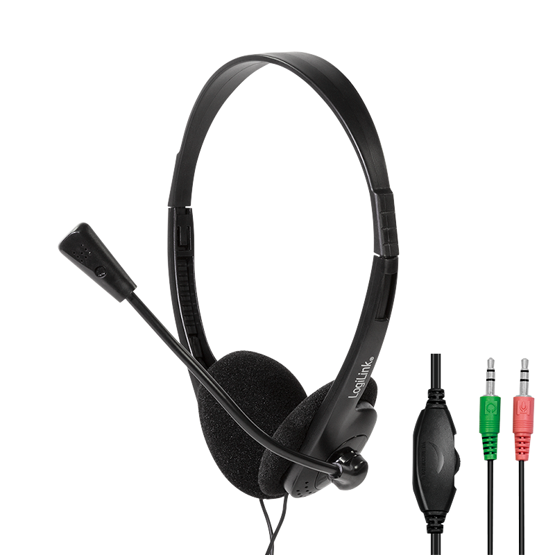 Stereo headset, 2x 3.5 mm headphone jack, boom microphone, eco box
