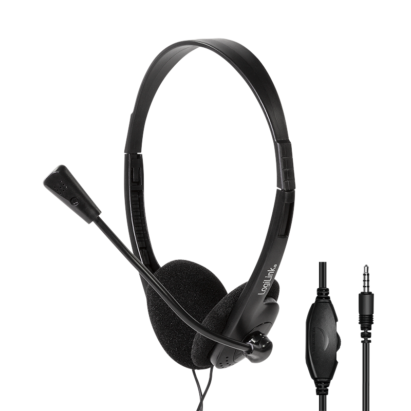 Bidirectional stereo headset, 1x 3.5 mm headphone jack, boom microphone, eco box