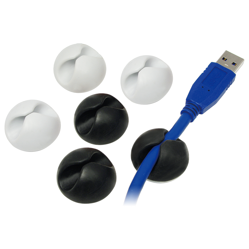 Cable organiser set, 6 pieces, self-adhesive, 3x black, 3x white