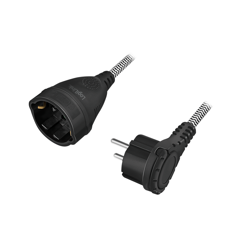 Power cord extension, CEE 7/7 to CEE 7/3, textile cable, black/grey, 3 m