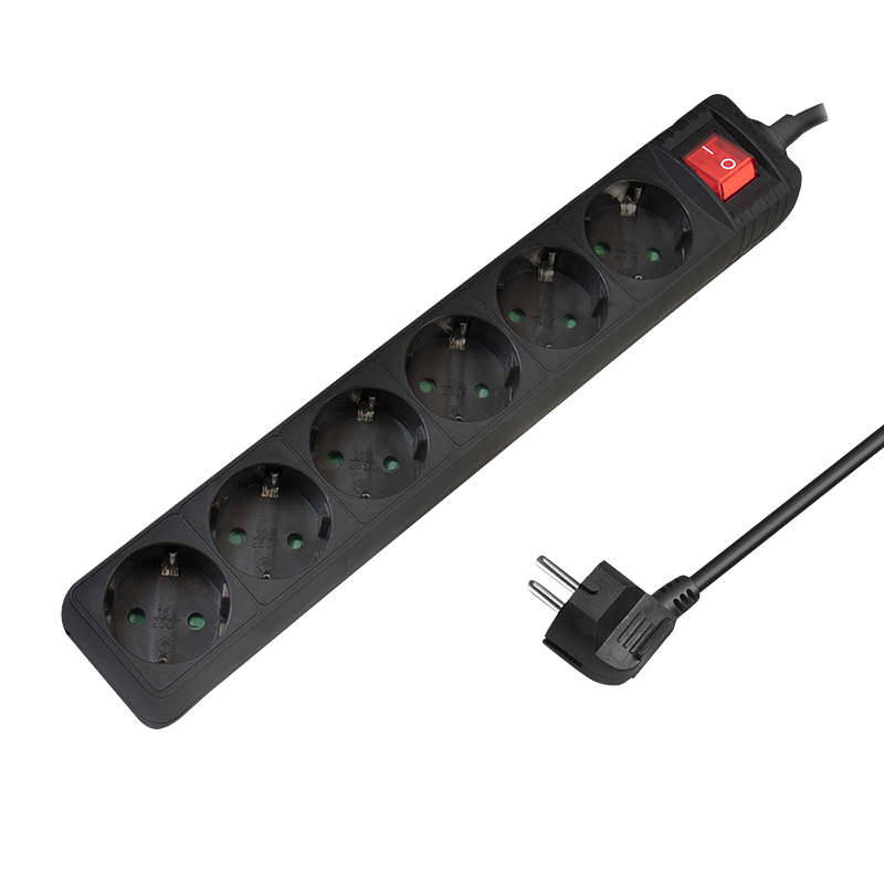 Socket outlet 6-way + switch, 6x CEE 7/3, 1.5 m, black — 1