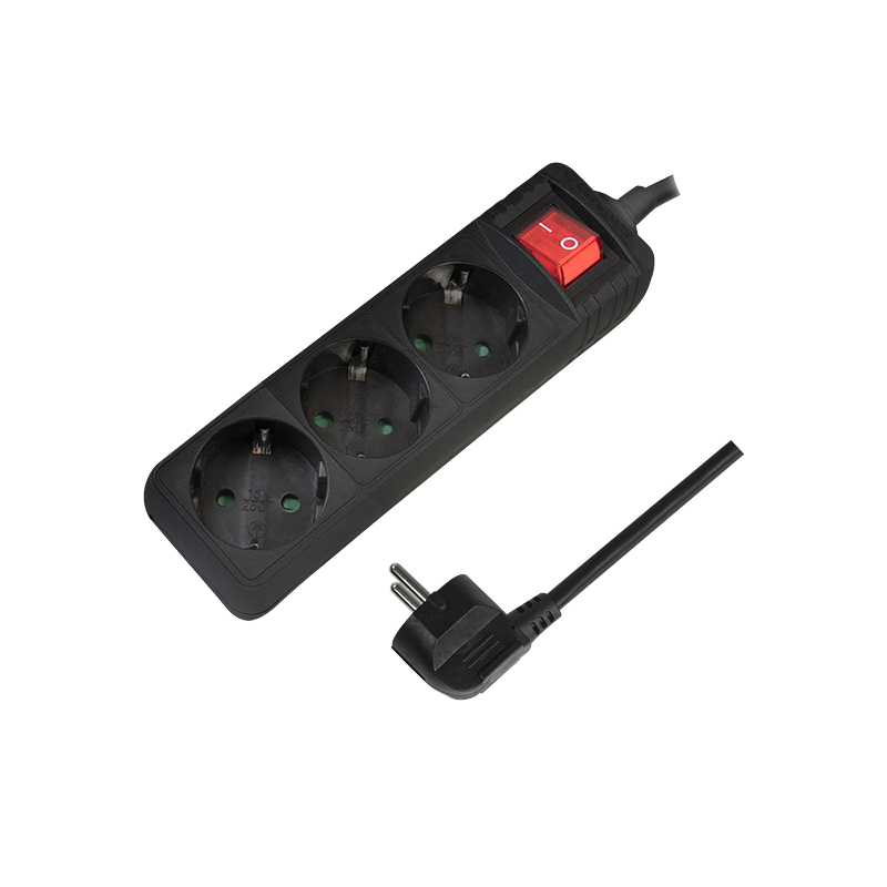 Socket outlet 3-way + switch, 3x CEE 7/3, 1.4 m, black — 1