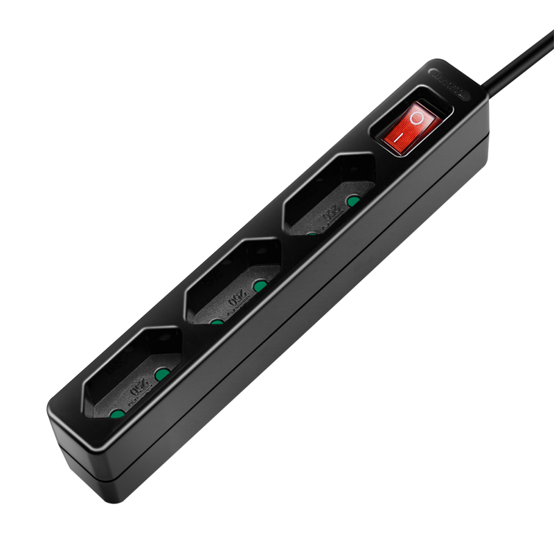 Socket outlet 3-way + switch, 3x CEE 7/16, 1.5 m, black