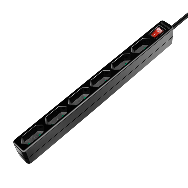 Socket outlet 6-way + switch, 6x CEE 7/16, slim, 1.5 m, black