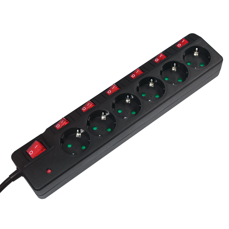 Socket outlet 6-way + 7 switches, 6x CEE 7/3, 1.5 m, black