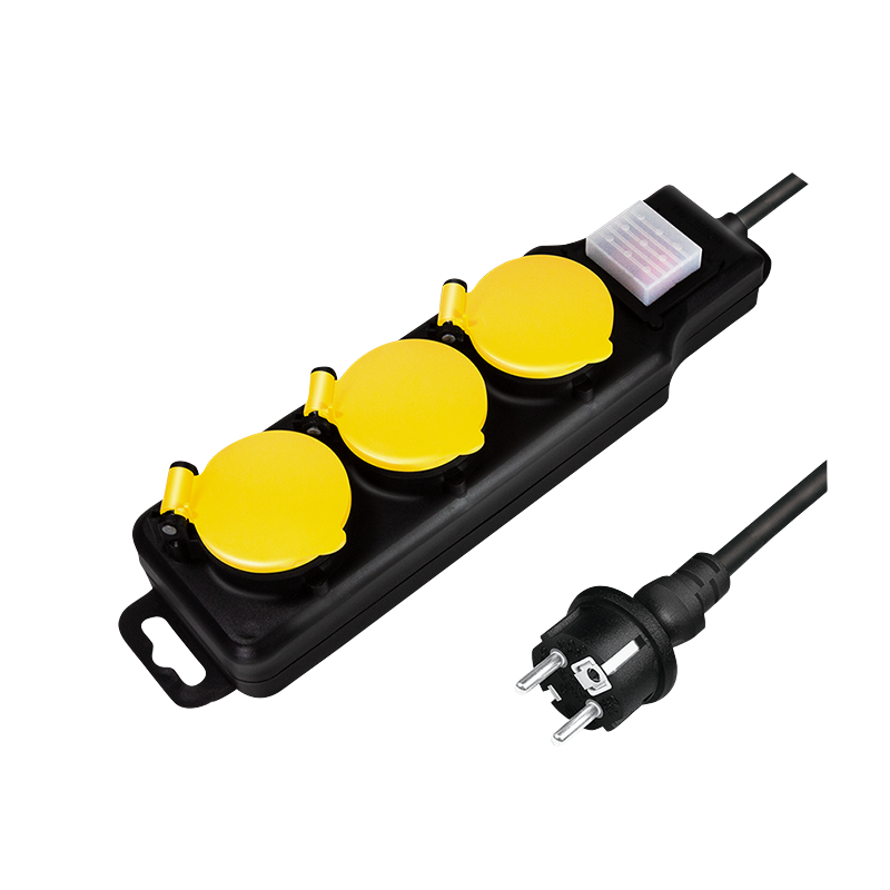 Socket outlet 3-way + switch, 3x CEE 7/3, outdoor, 1.5 m, black/yellow