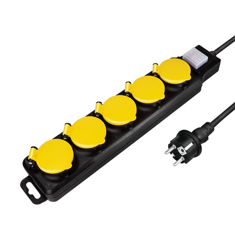Socket outlet 5-way + switch, 5x CEE 7/3, outdoor, 1.5 m, black/yellow
