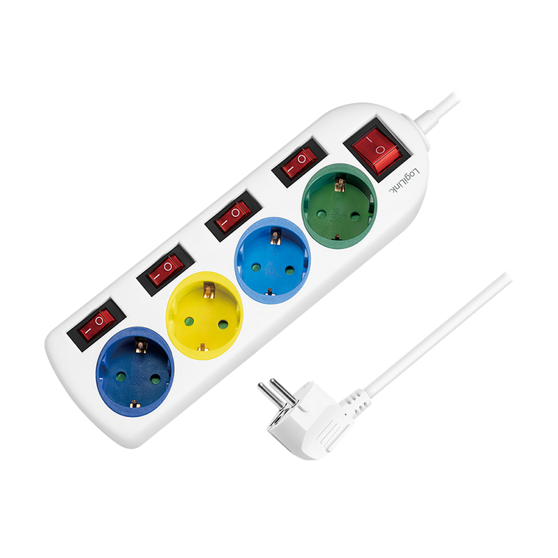 Power strip 4-way with 5 switches, 4x CEE 7/3, multicolor