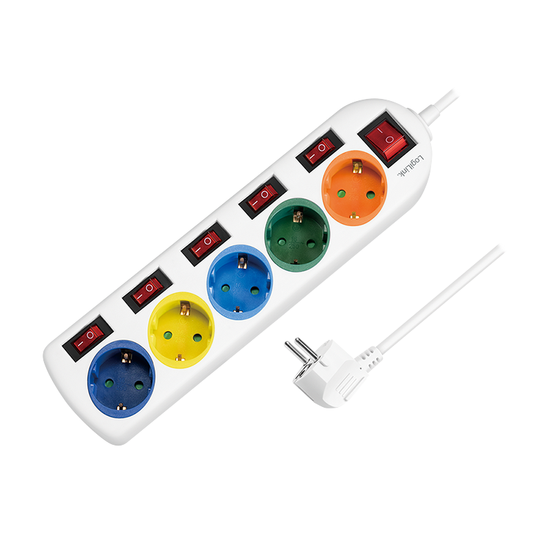 Power strip 5-way with 6 switches, 5x CEE 7/3, multicolor