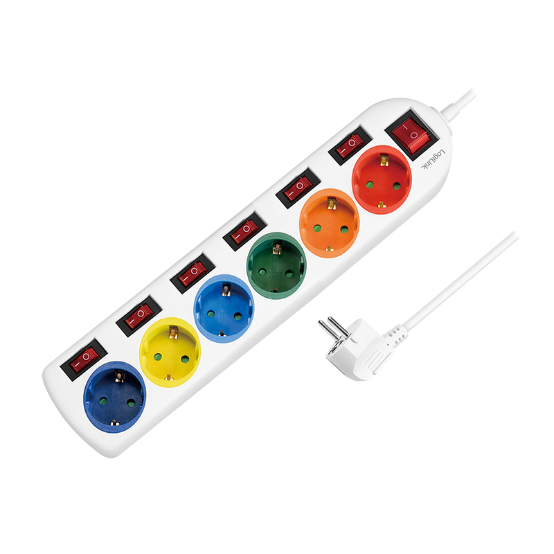 Power strip 6-way with 7 switches, 6x CEE 7/3, multicolor