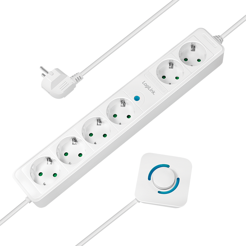 Socket outlet 6-way, 4 of them with footswitch, 6x CEE 7/3, 1.5 m, white