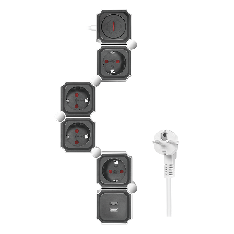 Socket outlet 4-way, 4x CEE 7/3 + 2x USB-A, flexible, 1.5 m
