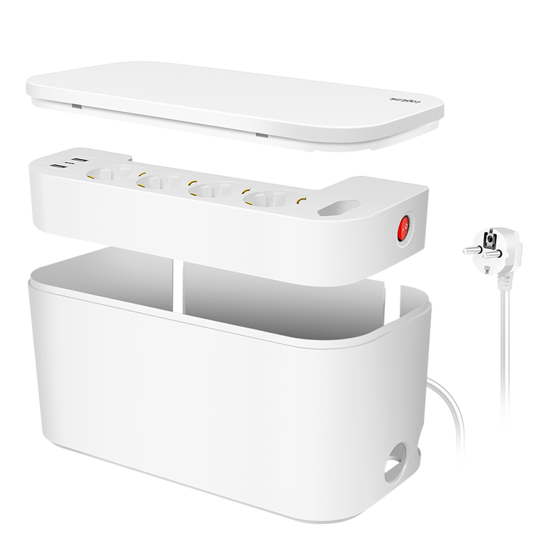 Cable box with 5-way socket strip, 3x USB, PD 20W, 285 x 145 x 13 mm, white