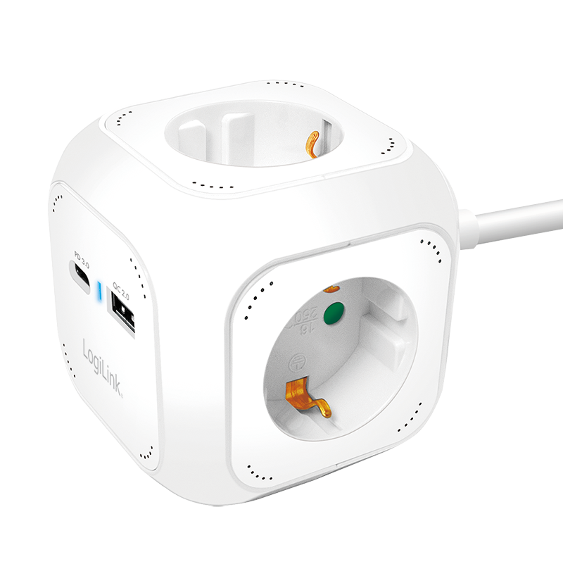 4-way charging cube, 4x socket, 1x USB-C PD 20W, 1x USB-A QC 18W, white