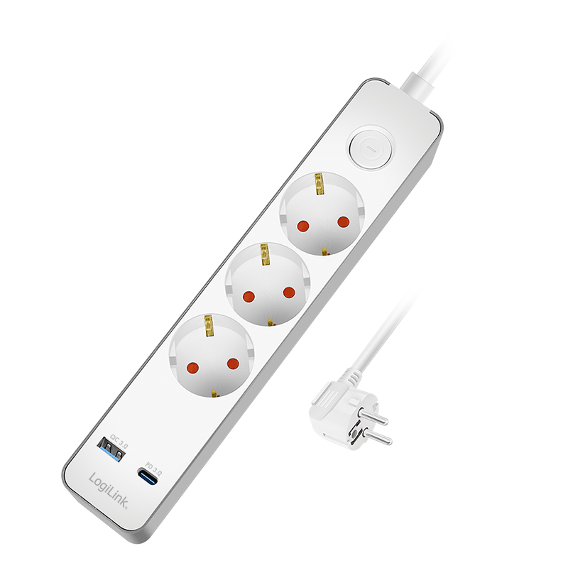 Socket outlet 3-way + switch, 3x CEE 7/3, 1x USB-A (18 W), 1x USB-C (20 W), 1.4 m, white