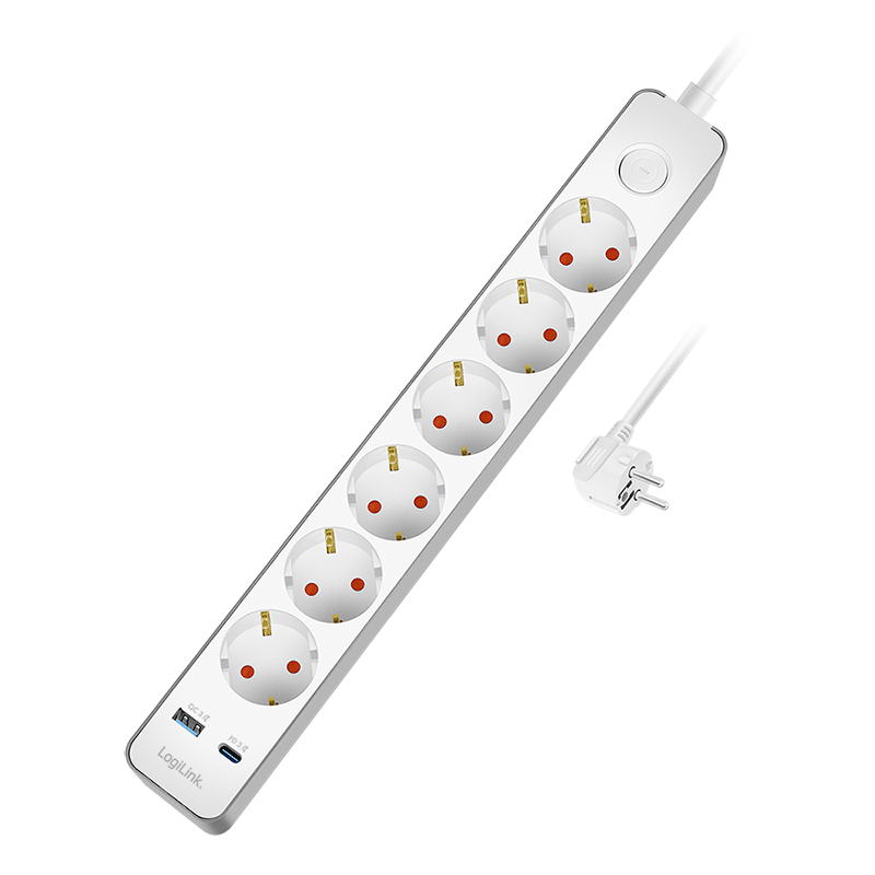 Multiple socket outlet 6-way + switch, 6x CEE 7/3, 1x USB-A (18 W), 1x USB-C (20 W), 1.4 m, white