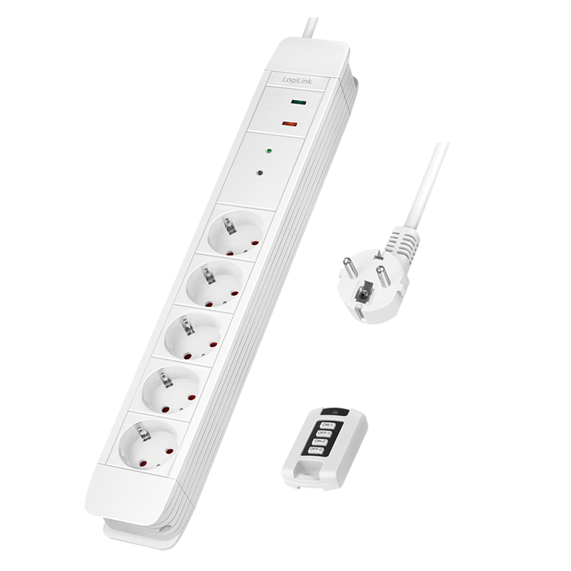 Socket outlet 5-way + remote control for 2, 5x CEE 7/3, 1.5 m, white