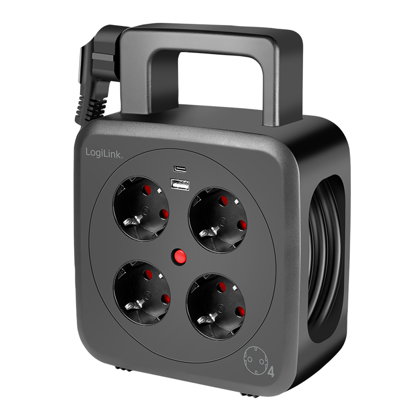 Przedłużacz bębnowy 5 m, 4x gniazdo AC, 1x USB-A, 1x USB-C, IP20, 3000 W — 1
