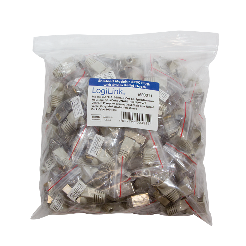 RJ45 modular plug, Cat.5e, shielded, grey boot, set of 100 pcs.