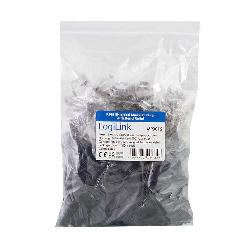 RJ45 modular plug, Cat.5e, shielded, black boot, set of 100 pcs.