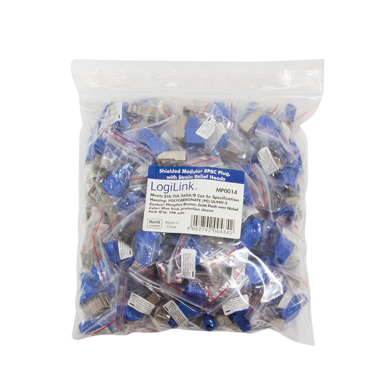 RJ45 modular plug, Cat.5e, shielded, blue boot, set of 100 pcs.