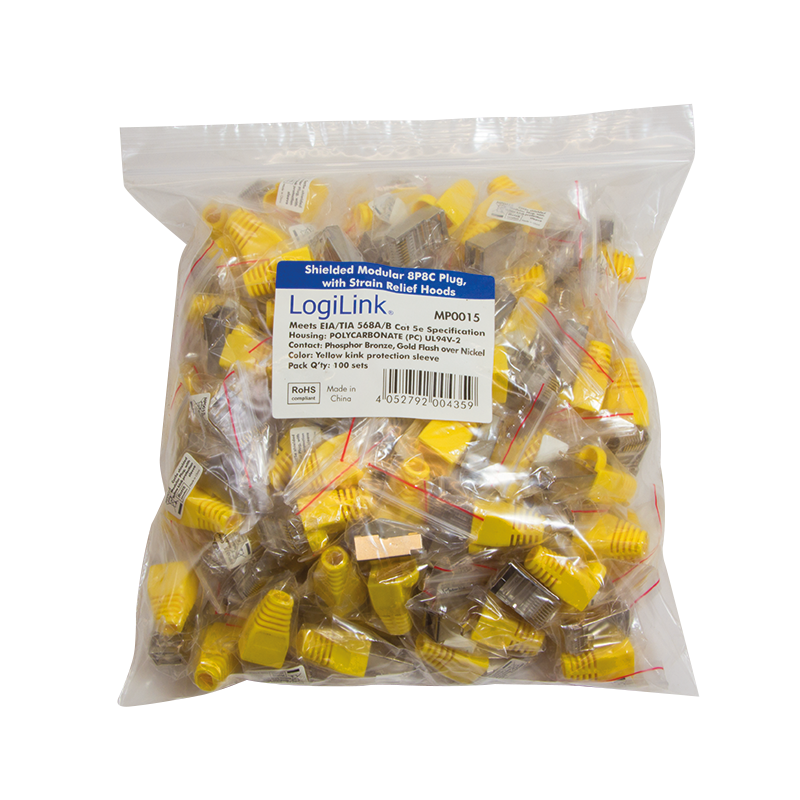 RJ45 modular plug, Cat.5e, shielded, yellow boot, set of 100 pcs.