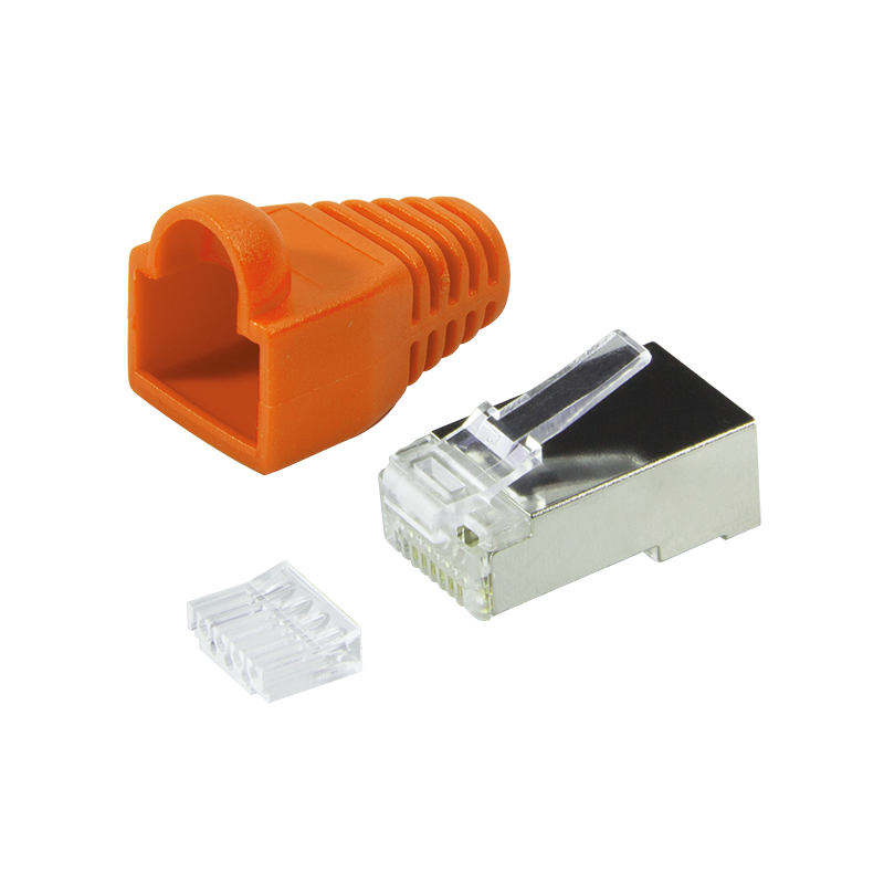 RJ45 modular plug, Cat.6, shielded, orange boot, set of 100 pcs.