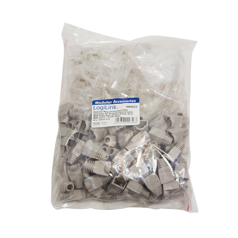 RJ45 modular plug, Cat.6, unshielded, grey boot, set of 100 pcs.