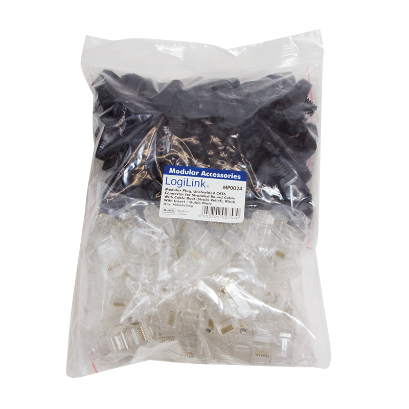 RJ45 modular plug, Cat.6, unshielded, black boot, set of 100 pcs.