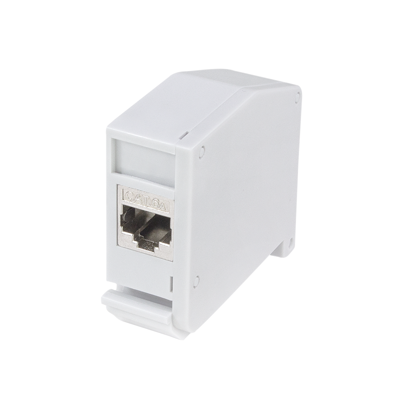 DIN rail adapter with Cat.6A inline coupler RJ45 F/F, shielded