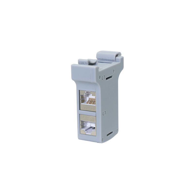 DIN rail adapter with 2 Cat.6A inline couplers RJ45 F/F, shielded