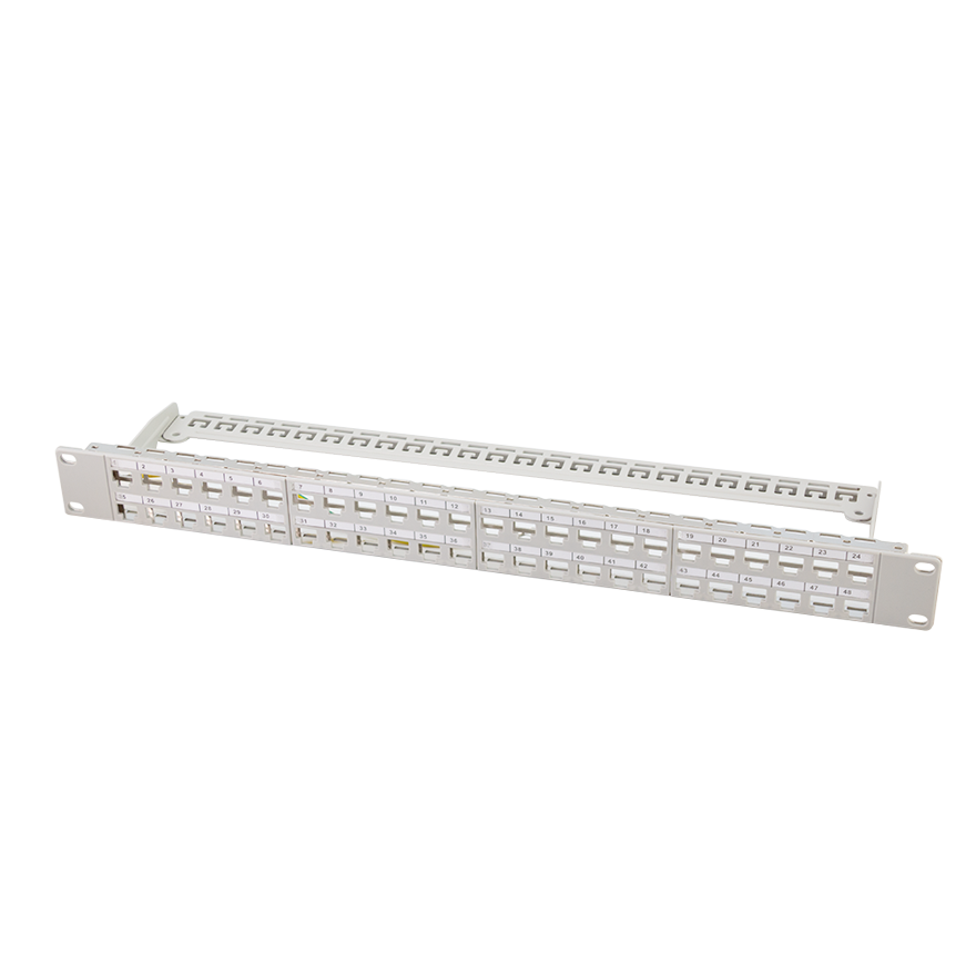 19" patch panel for 48 keystone jacks, 1U, unloaded, shielded, grey