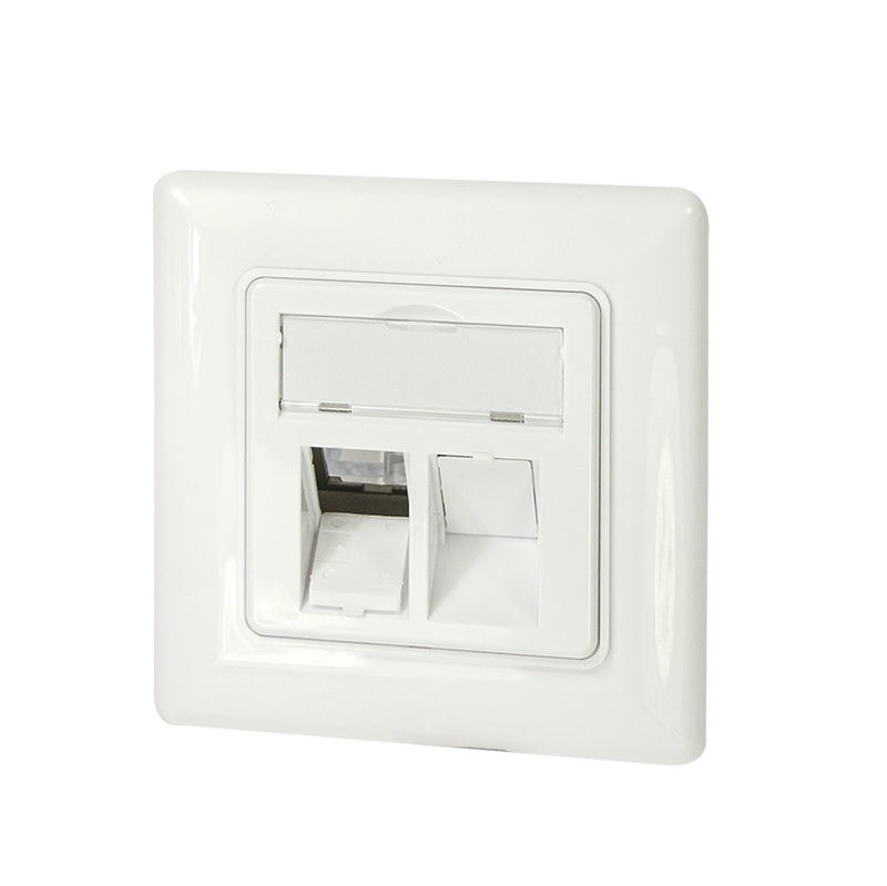 Faceplate for 2 keystone jacks, 45° angled outlet, design compatible, pure white