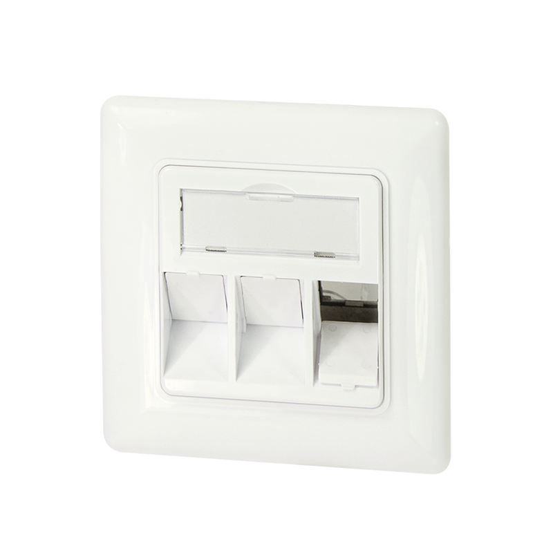 Faceplate for 3 keystone jacks, 45° angled outlet, design compatible, pure white