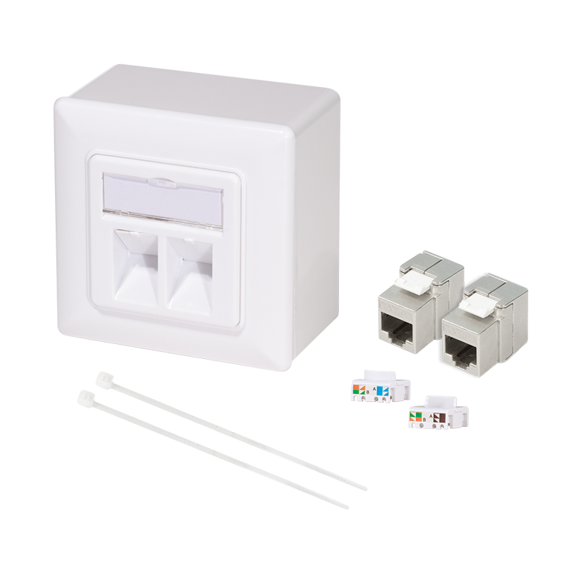 Modular faceplate with 2 Cat.6A modules and backbox, white